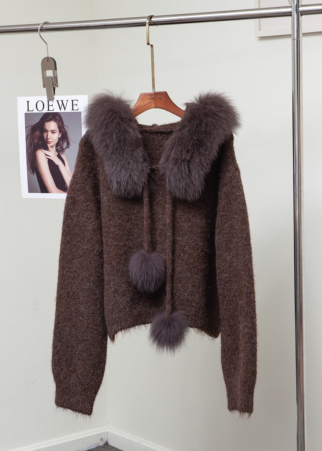 Fox Collar Fuzzy Ball Decorated Warm Knit Sweater Winter