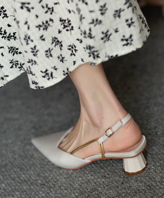 French Beige Pointed Toe Buckle Strap Chunky Sandals
