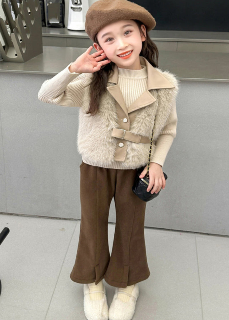Fuzzy Fur Fluffy Waistcoat Top and Crop Pants Two Pieces Set Spring