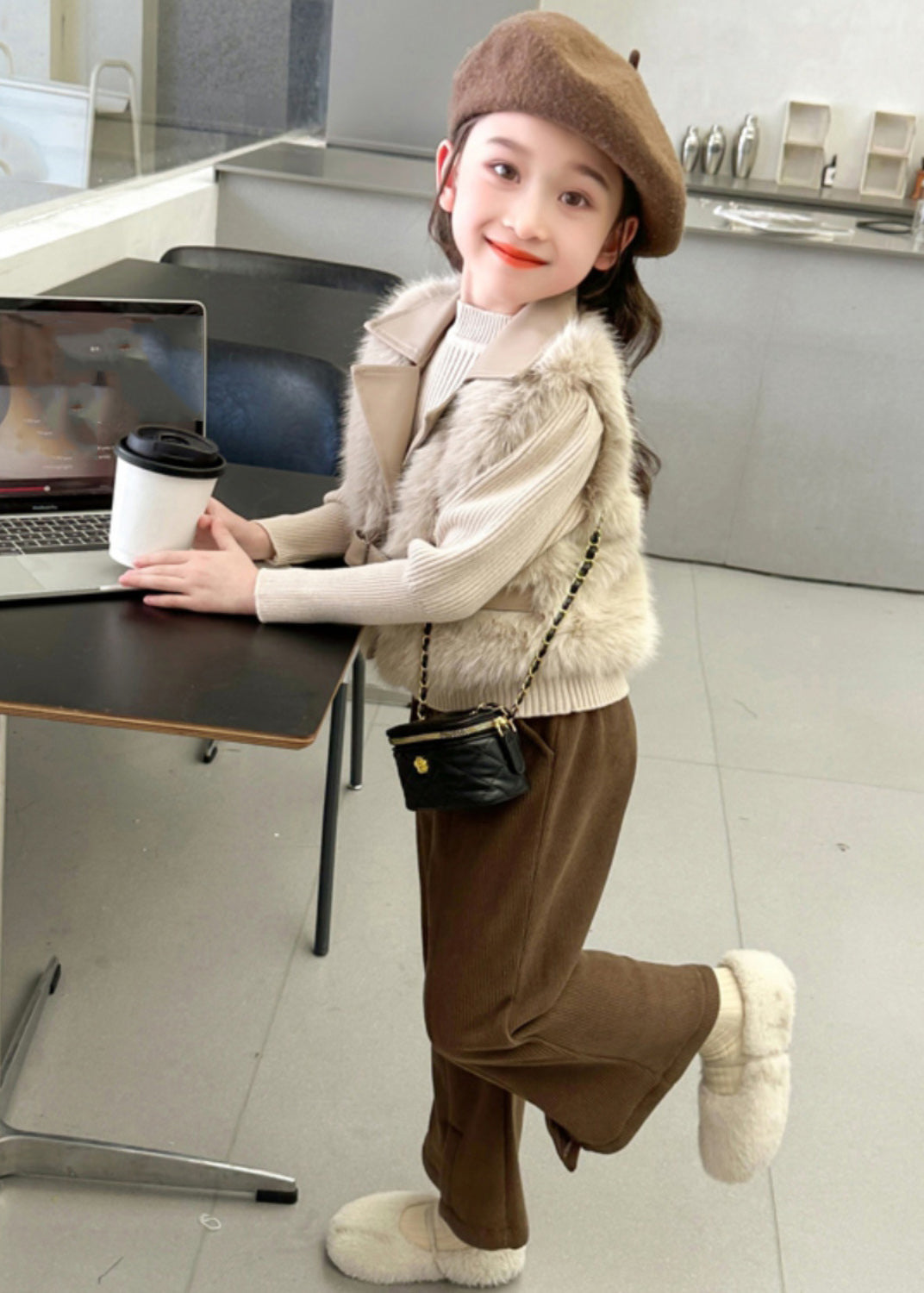 Fuzzy Fur Fluffy Waistcoat Top and Crop Pants Two Pieces Set Spring