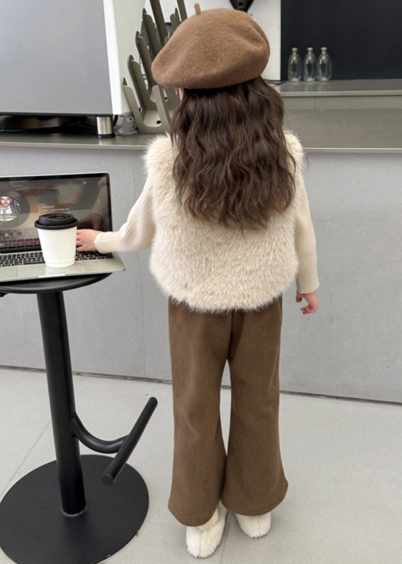 Fuzzy Fur Fluffy Waistcoat Top and Crop Pants Two Pieces Set Spring