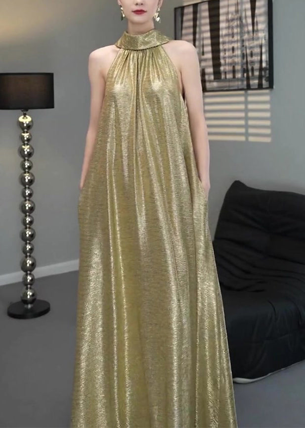 Gold Halter Wrinkled Long Dress Sleeveless