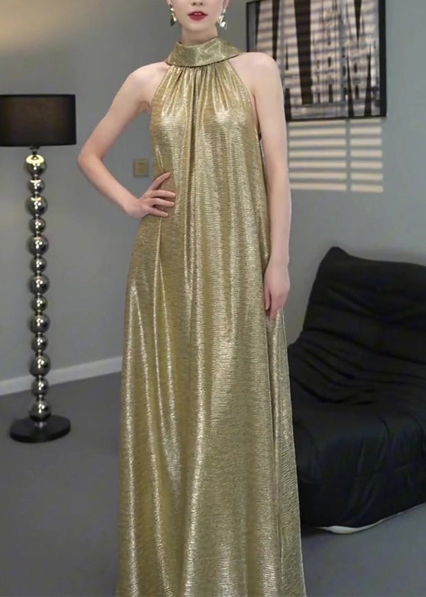 Gold Halter Wrinkled Long Dress Sleeveless