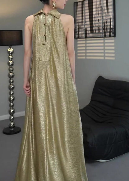 Gold Halter Wrinkled Long Dress Sleeveless