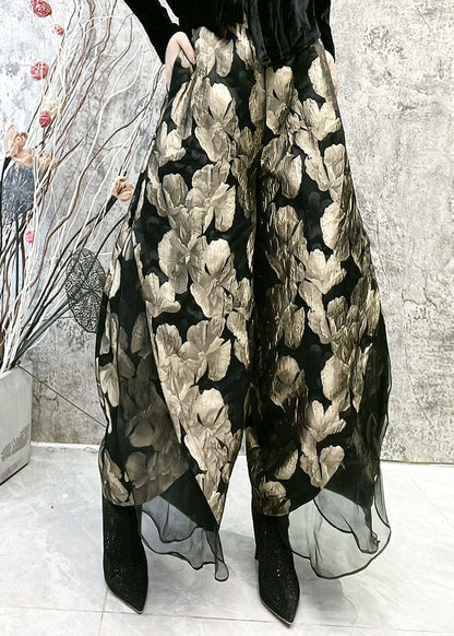 Gold Jacquard High Waist Tulle Wide Leg Pants Spring
