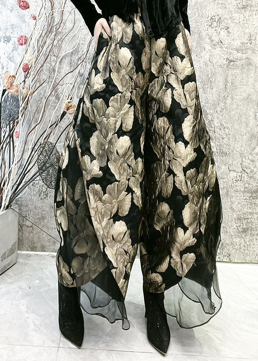Gold Jacquard High Waist Tulle Wide Leg Pants Spring