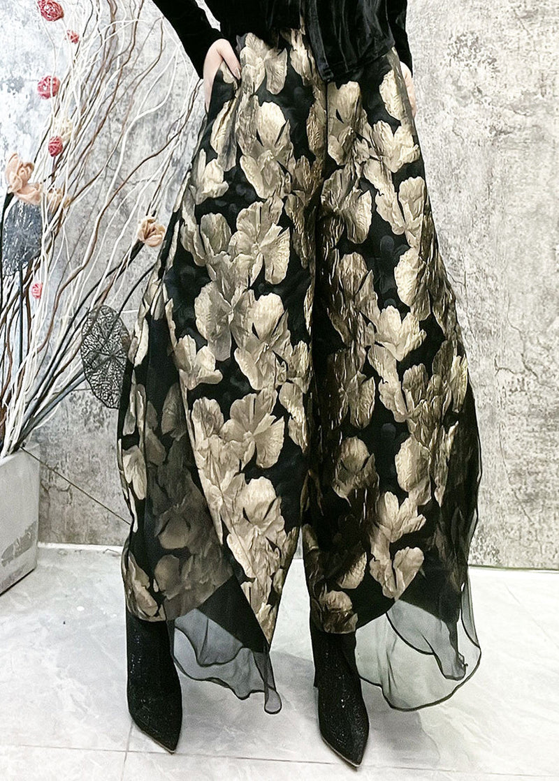 Gold Jacquard High Waist Tulle Wide Leg Pants Spring