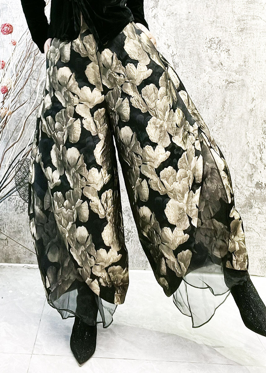 Gold Jacquard High Waist Tulle Wide Leg Pants Spring