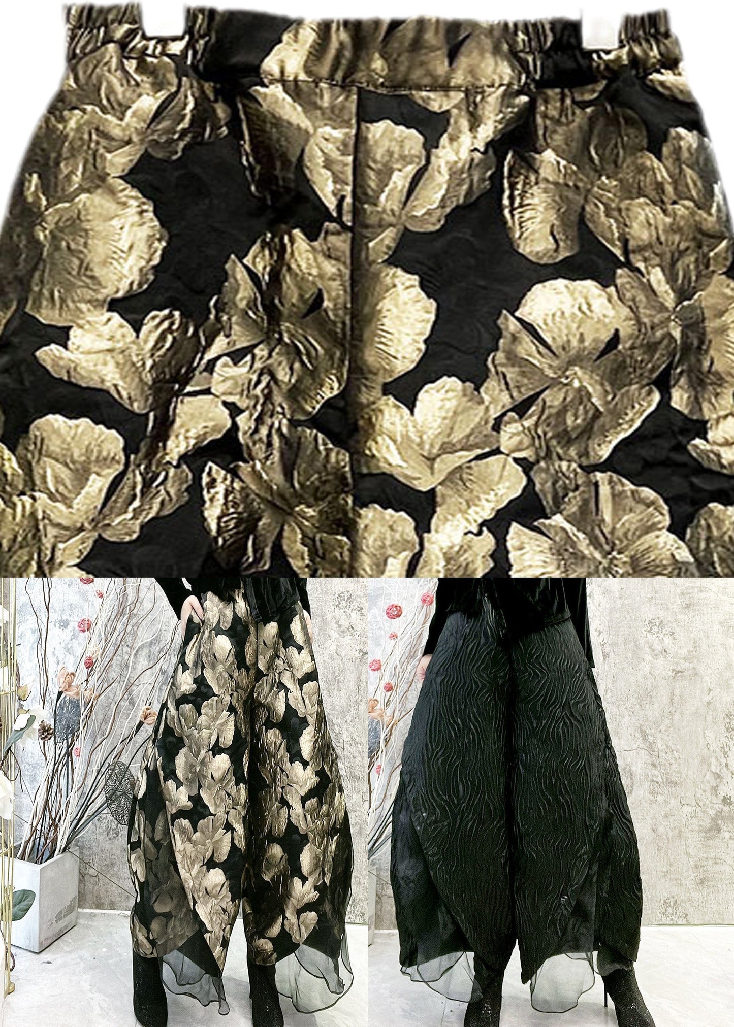 Gold Jacquard High Waist Tulle Wide Leg Pants Spring