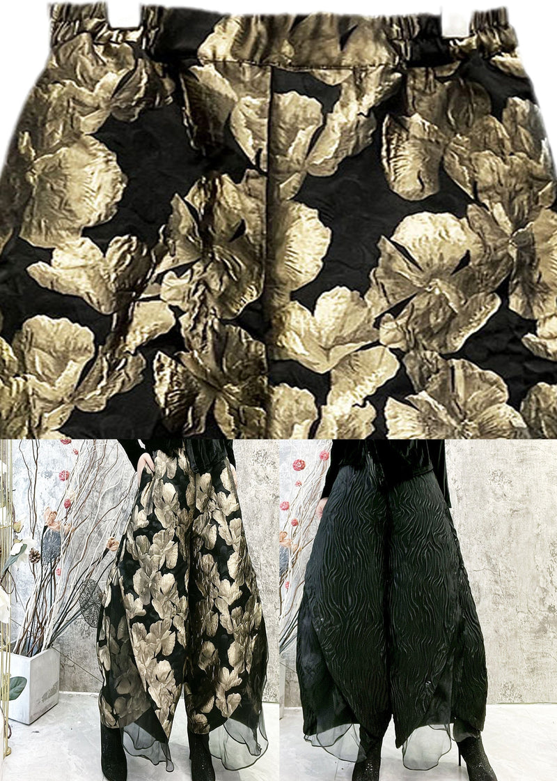 Gold Jacquard High Waist Tulle Wide Leg Pants Spring