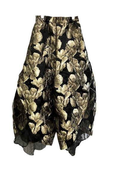 Gold Jacquard High Waist Tulle Wide Leg Pants Spring