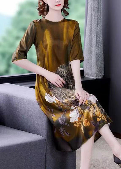 Gold O Neck Print Patchwork Silk Dress Summer