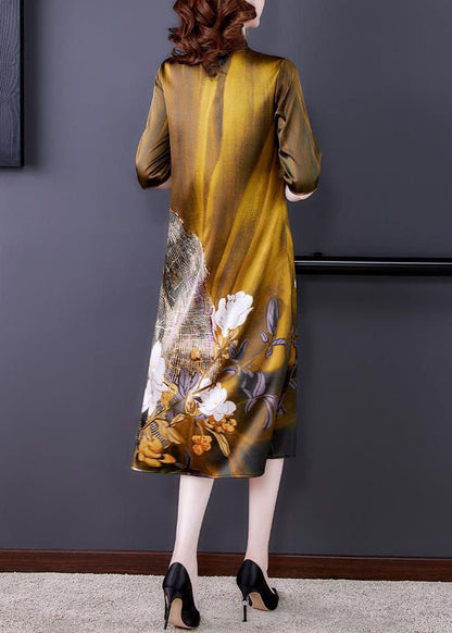 Gold O Neck Print Patchwork Silk Dress Summer