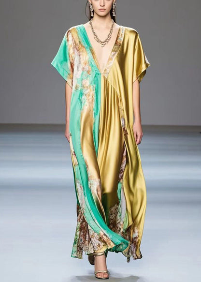 Golden Asymmetrical Design Print Silk Long Dress Summer