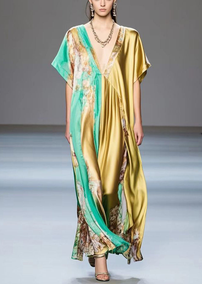 Golden Asymmetrical Design Print Silk Long Dress Summer