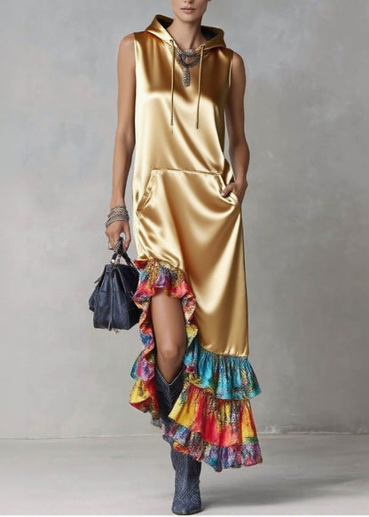 Golden Asymmetrical Patchwork Ruffles Silk Hooded Dresses Sleeveless