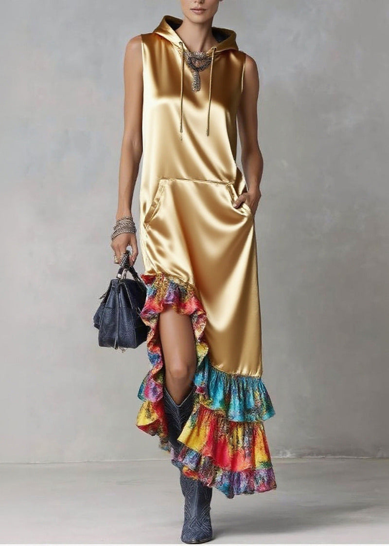 Golden Asymmetrical Patchwork Ruffles Silk Hooded Dresses Sleeveless