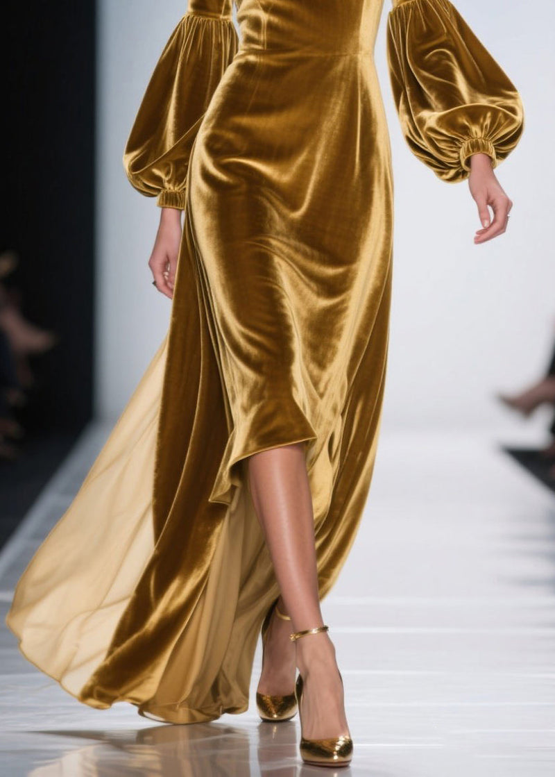 Golden Ruffles Silk Velvet Party Dresses Lantern Sleeve