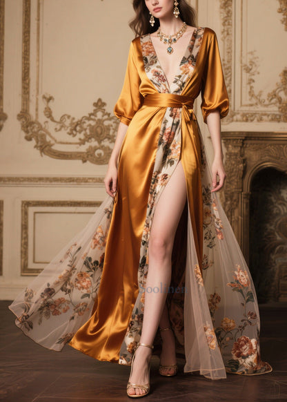Golden Tunic Patchwork Side Open Silk Party Dresses Summer