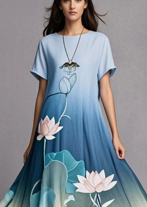 Gradient Blue Lotus Print Exra Large Hem Cotton Dress Summer