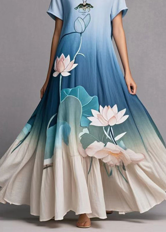 Gradient Blue Lotus Print Exra Large Hem Cotton Dress Summer