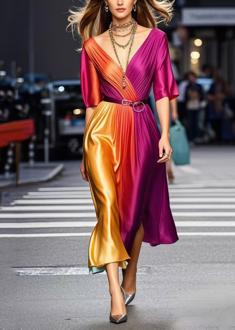 Gradient Color Cinched Tie Dye Silk Dress Summer1