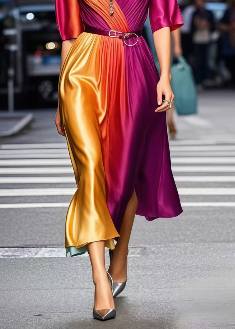 Gradient Color Cinched Tie Dye Silk Dress Summer1