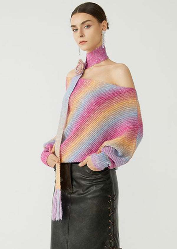 Gradient Color Cold Shoulder Knit Sweater Spring