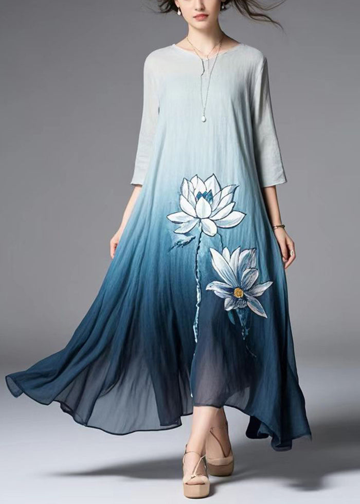Gradient Color Lotus Print Cotton Dress Summer