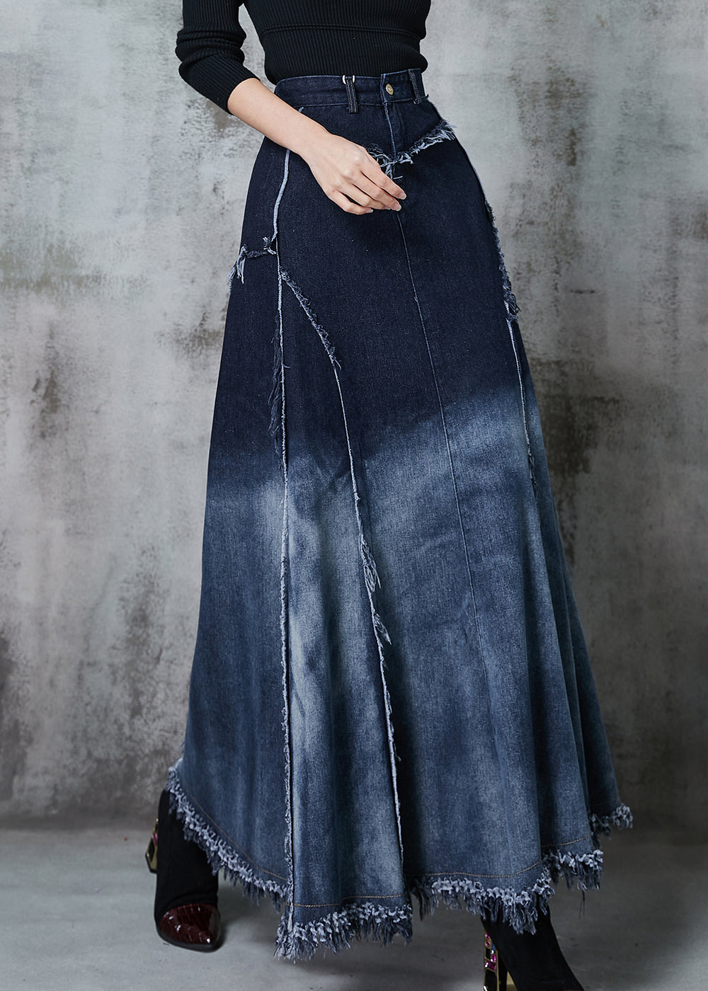 Gradient Color Patchwork Exra Large Hem Denim Skirt Spring