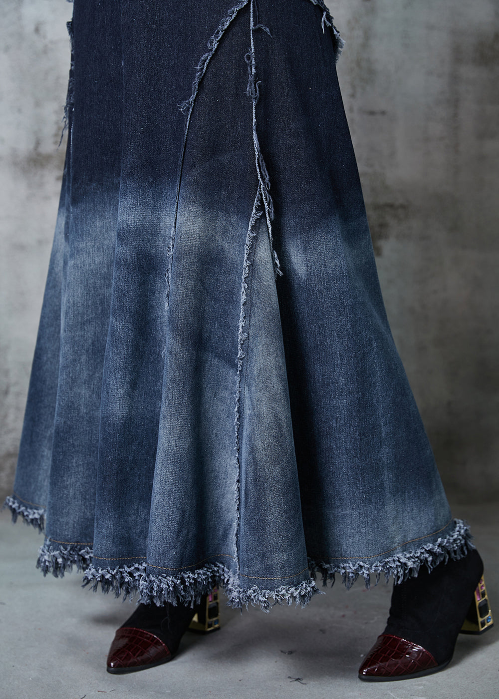 Gradient Color Patchwork Exra Large Hem Denim Skirt Spring