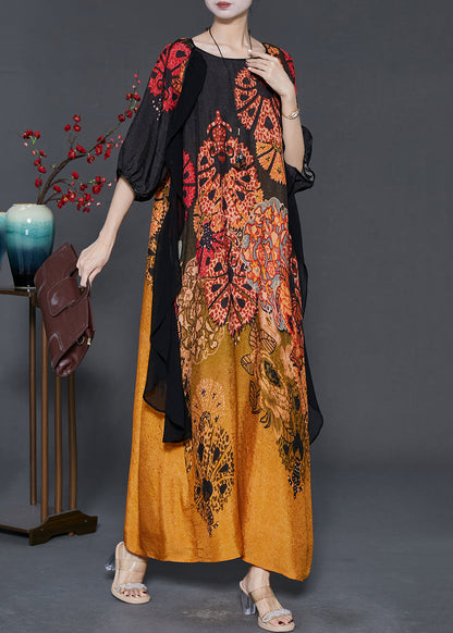 Gradient Color Print Patchwork Silk Long Dress Summer