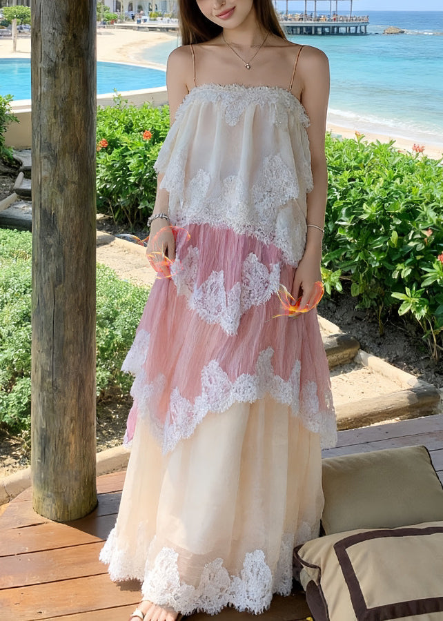 Gradient Pink Patchwork Lace Holiday Cami Dress Summer