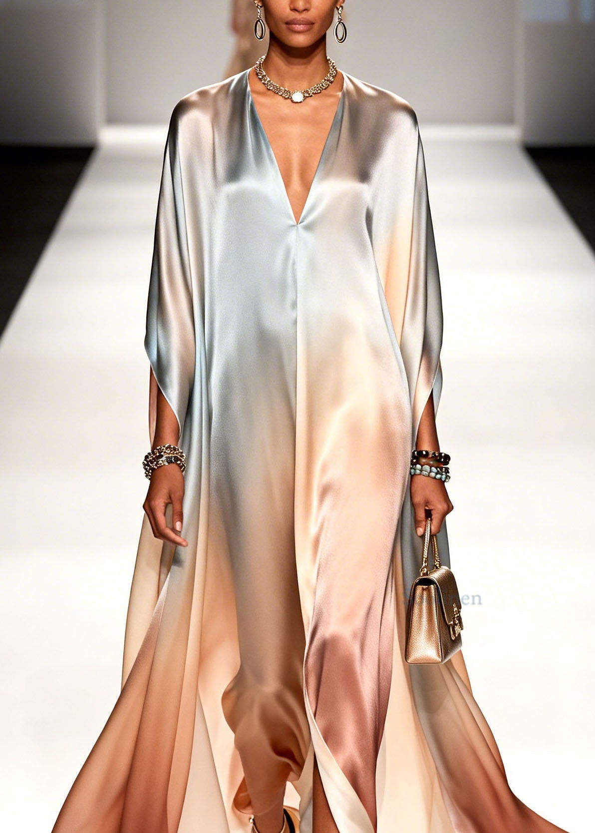 Gradient Color V Neck Chiffon Ankle Dress Summer