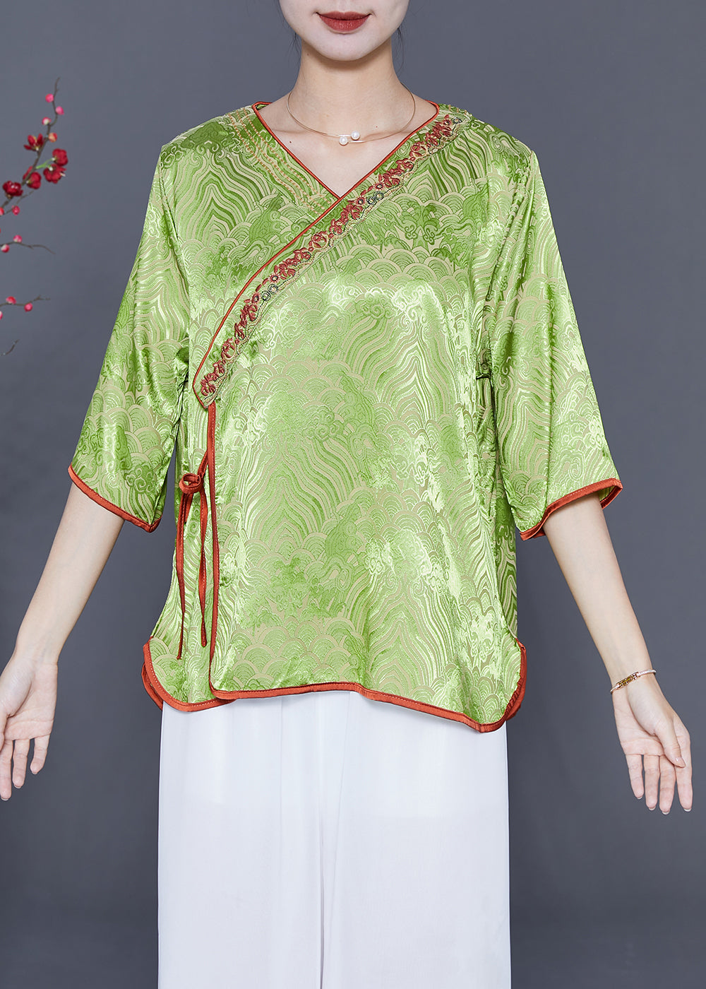 Grass Green Embroideried Lace Up Silk Top Summer