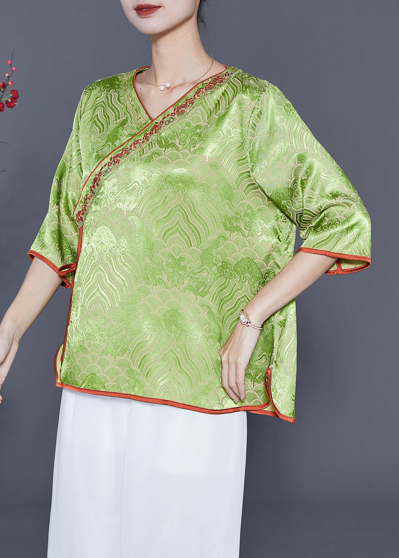 Grass Green Embroideried Lace Up Silk Top Summer