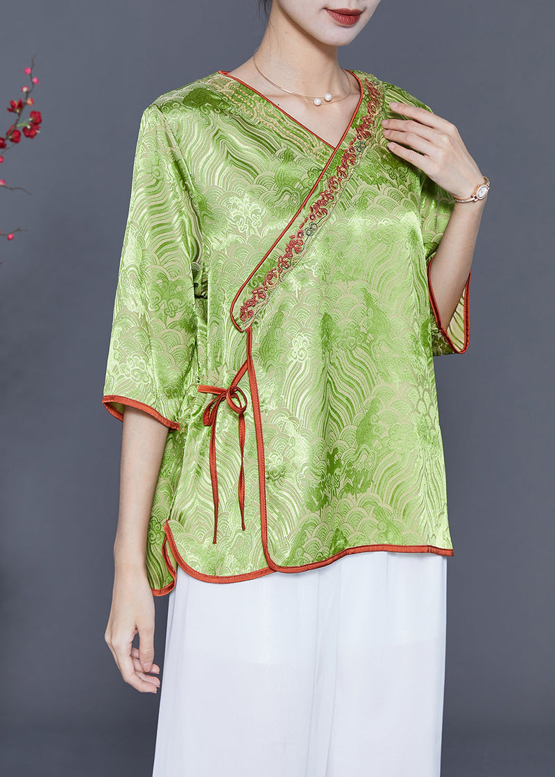 Grass Green Embroideried Lace Up Silk Top Summer