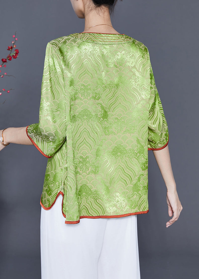 Grass Green Embroideried Lace Up Silk Top Summer