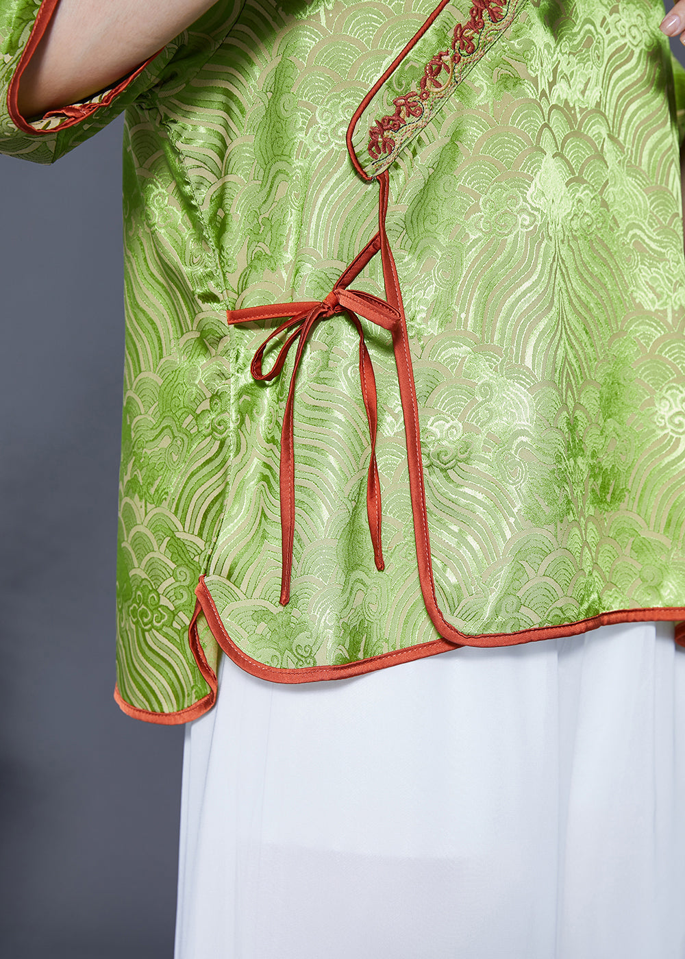 Grass Green Embroideried Lace Up Silk Top Summer