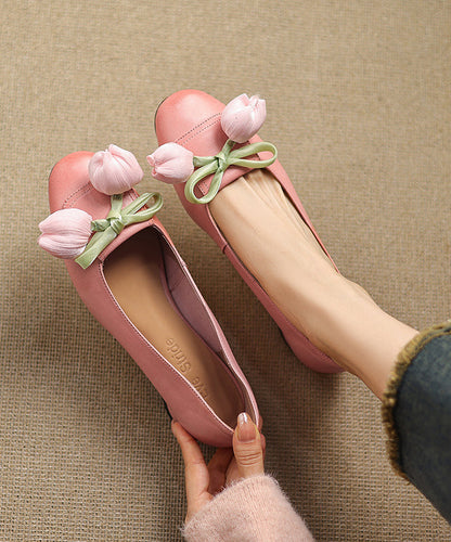 Green Bow Splicing Cowhide Leather Flat Shoes