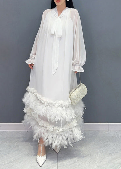 Green Bow Patchwork Tassel Chiffon Long Dresses Fall