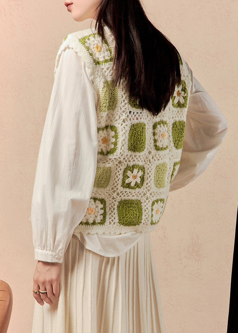 Green Button Hollow Out Knit Waistcoat Sleeveless