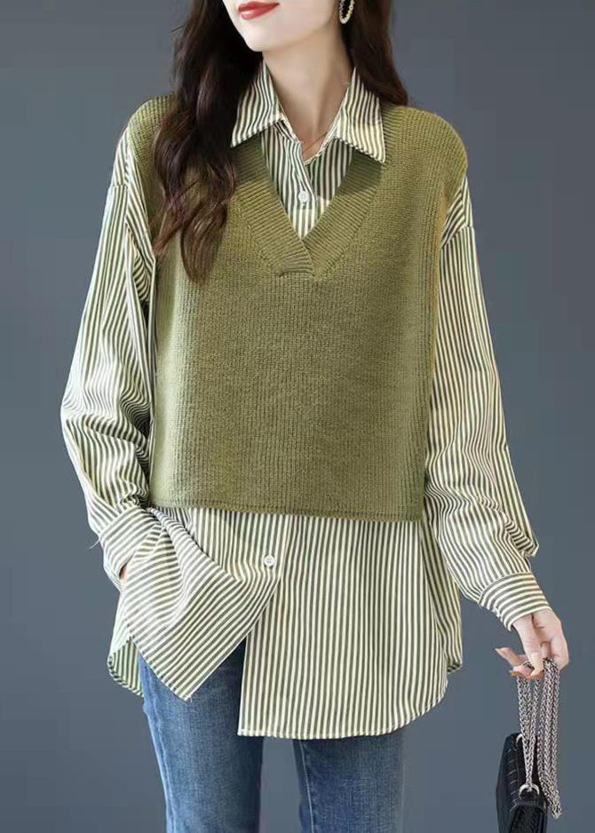 Green Button Peter Pan Collar Knit Patchwork Striped Fake Two Piece Shirt Long Sleeve
