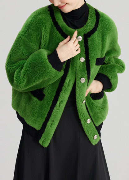 Green Button Pockets Fuzzy Fur Fluffy Coats Long Sleeve