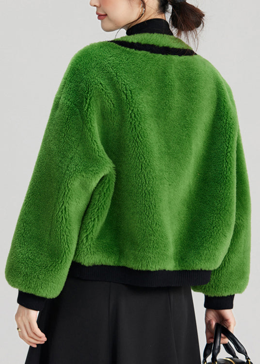Green Button Pockets Fuzzy Fur Fluffy Coats Long Sleeve