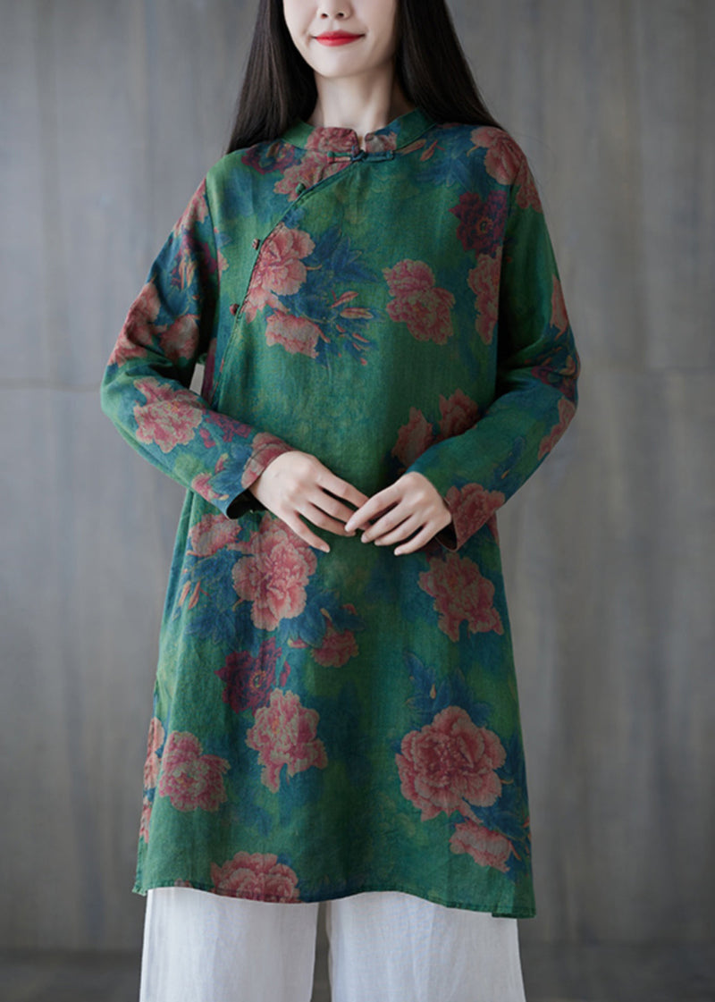 Green Button Print Linen Mid Dress Long Sleeve