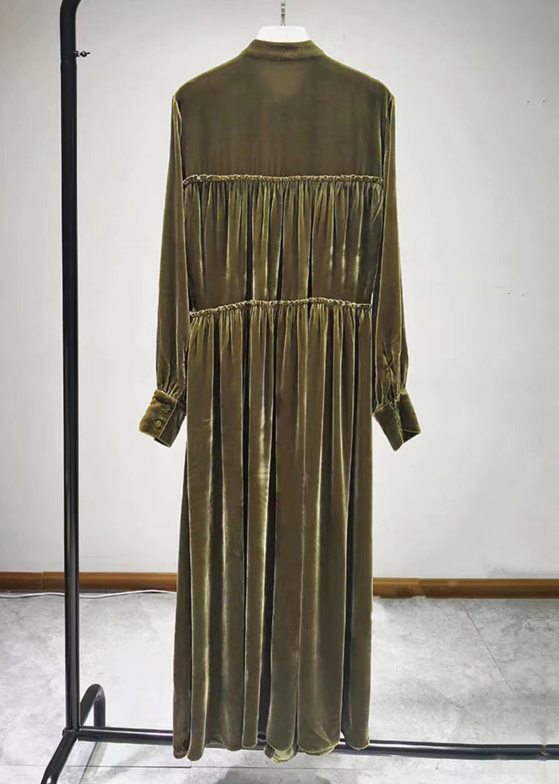 Green Button Ruffled Silk Velour Shirts Long Dresses Fall