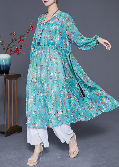 Green Cinched Print Chiffon Long Dresses Summer
