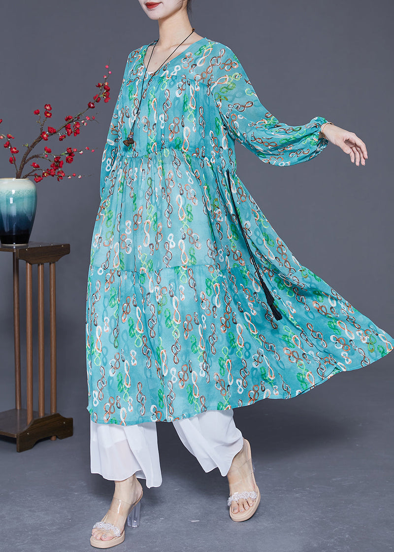 Green Cinched Print Chiffon Long Dresses Summer