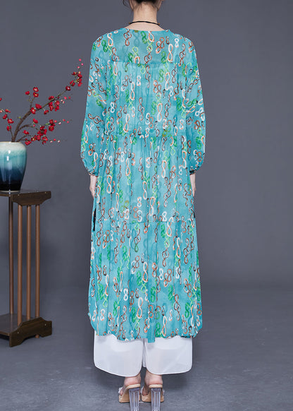 Green Cinched Print Chiffon Long Dresses Summer
